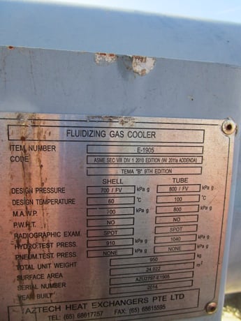 258 sq.ft., 101 psi shell, Aztech Heat Exchanger, FV / 116 psi @ 212 deg. F. Stainless Steel tube - Image 4