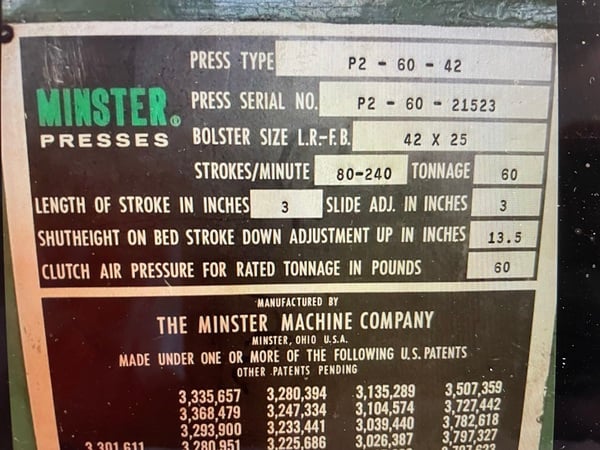 60 Ton, Minster #P2-60-42, Cieco PPC1000R press Control, 3" stroke, 13.5" Shut Height, 15 HP, 80-240 SPM - Image 3