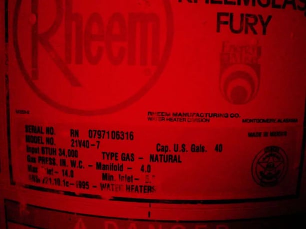 34000 BTUH Rheem #21V40-7 Fury hot water heater, 40 gallon, 5"-14" inlet, serial #RN 0797106316 - Image 9