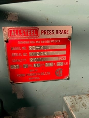 20 Ton, Allsteel #20-4, hydraulic press brake, 4' overall, 38" between housing, 10" throat, 0 to 4" stroke - Image 3