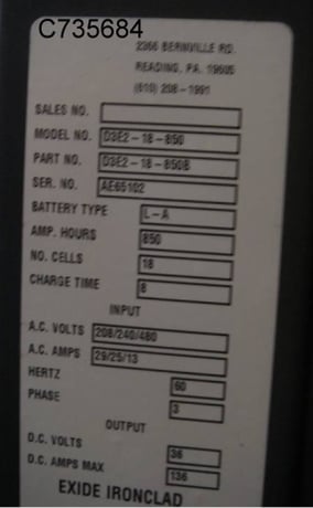 Depth #03E2-18-850, Battery Charger, 18 cell batteries, 208/240/460 VAC input, 36 VDC output - Image 2