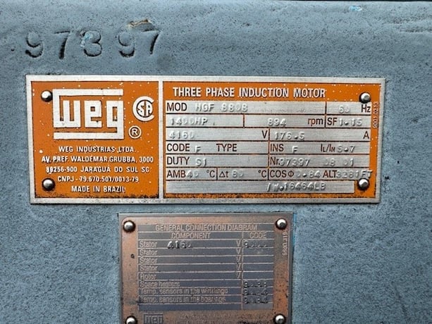 1400 HP 894 RPM Weg HGF-8808, TEFC, 22" D, 1.15 service factor, Recip Comp Duty, 2300/4160 Volts (2 available) - Image 2