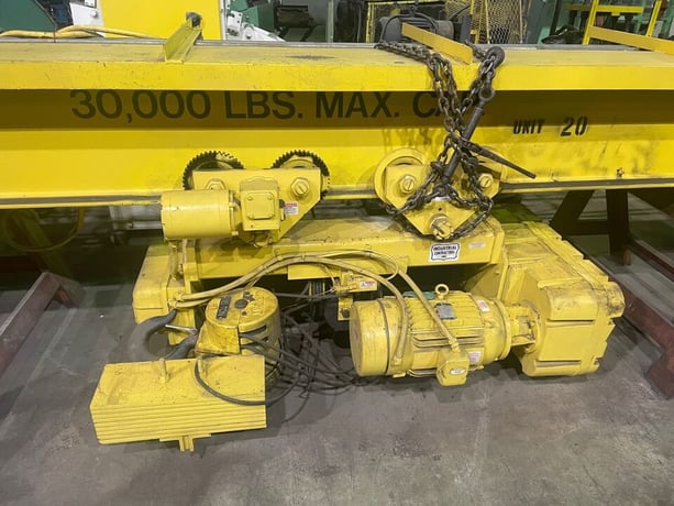 15 Ton, Wright bridge crane, underslung single girder, 20' bridge, 20' lift, radio & pendant Control - Image 5