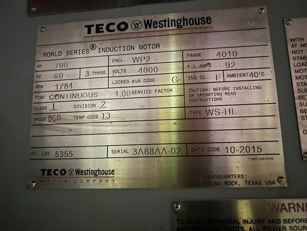 700 HP 1800 RPM Teco Westinghouse, Frame 4010, WPIISB, 4000 Volts (2 available) - Image 4