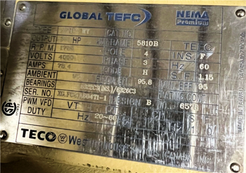 600 HP 1700 RPM Teco - Westinghouse, Frame 5810B, TEFC, w/gearbox, 4000 Volts - Image 2