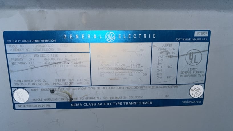 93 KVA 460 Primary, 460Y/265 Secondary, General Electric, w/taps, Drive Isolation - Image 2