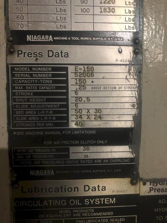 150 Ton, Niagara #E150, OBI press, 6" stroke, 20.5" Shut Height, 6" ram adj., 50" x30"bed, 40 SPM, air clutch - Image 10