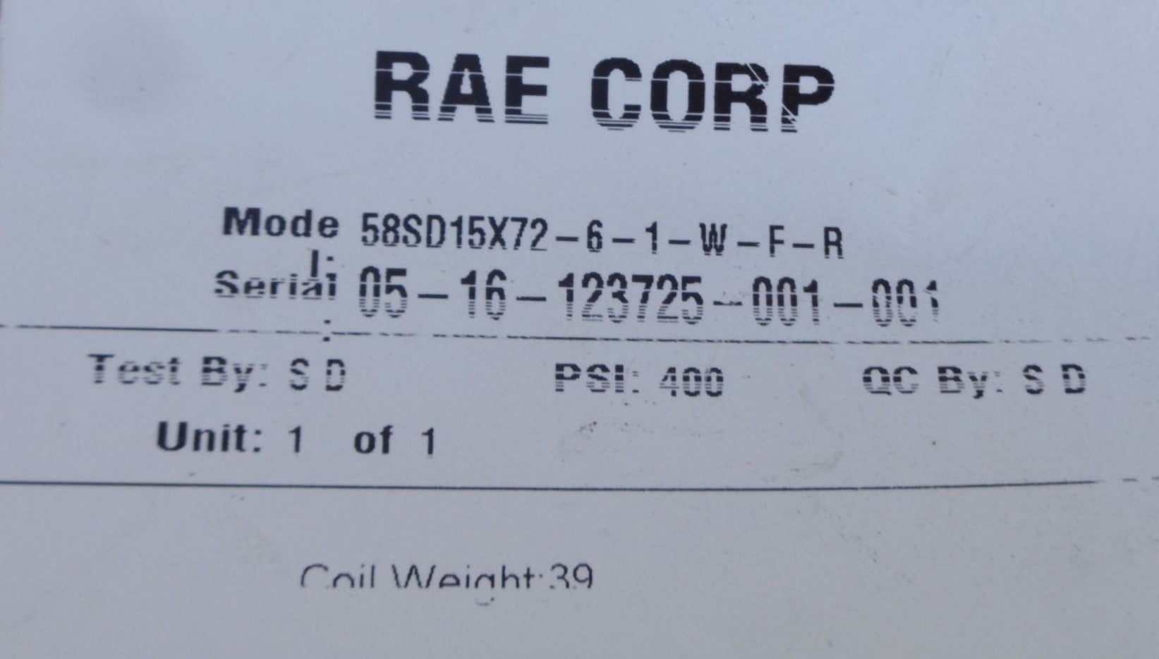 RAE #58SD15X72-6-1-W-F-R, Direct Steam Heat Exchanger, 400 psi, 39 coil weight, 72" L Copper tubes, 020 tube - Image 4