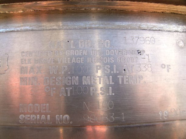 100 gallon Groen/Dover, Jacketed Kettle, 37" diameter x 32" deep, 2.5" center bottom outlet, 100 psi @ - Image 6