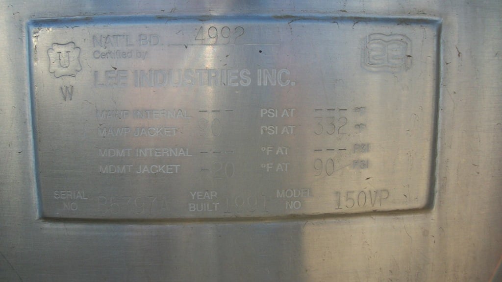 150 gallon Lee Industries #150VP, Vacuum Rated Kettle, Stainless Steel, 42" diameter x 44" deep Kettle, 2" - Image 4