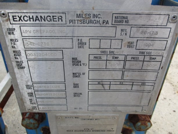 8 sq.ft., APV, 316SS plate exchanger, 145 psi, 300° F, 7 plates, 8" W x 22" L plates, 1994 - Image 4