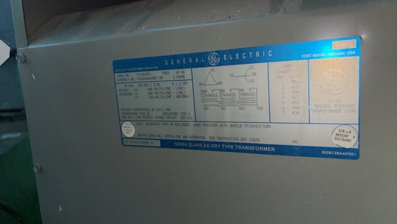 45 KVA 480 Primary, 208/120 Secondary, General Electric, w/taps - Image 2