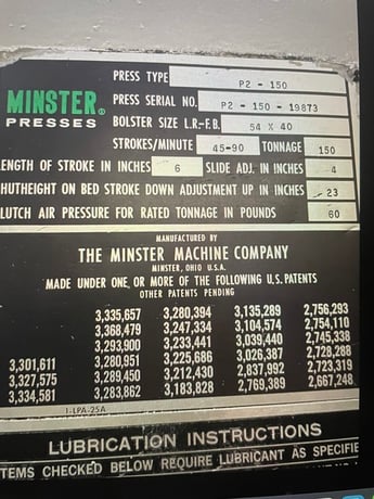 150 Ton, Minster #P2-150-54 PieceMaker, geared straight side double crank press, 6" stroke, 23" Shut Height - Image 4