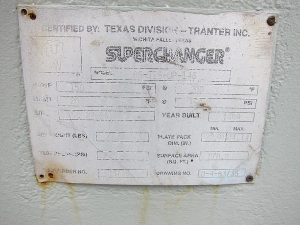 878 sq.ft., Tranter, 06-T16-UP-146, super changer plate exchanger, 150 psi, 200&deg;F, 1999 - Image 2