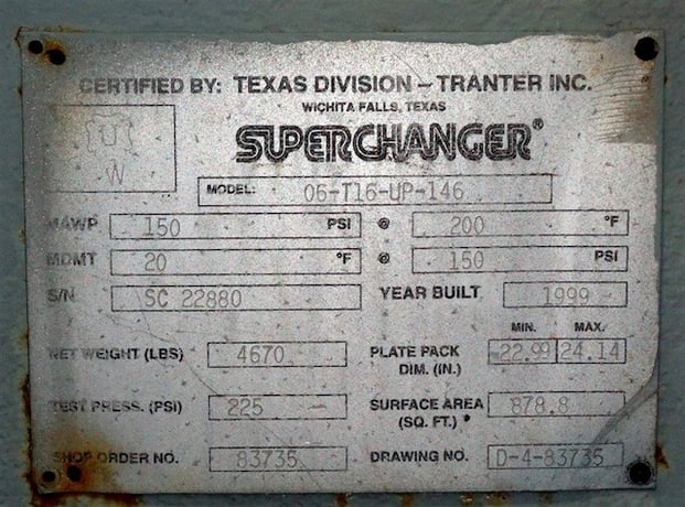 878 sq.ft., Tranter, 06-T16-UP-146, super changer plate exchanger, 150 psi, 200&deg;F, 1999 - Image 10