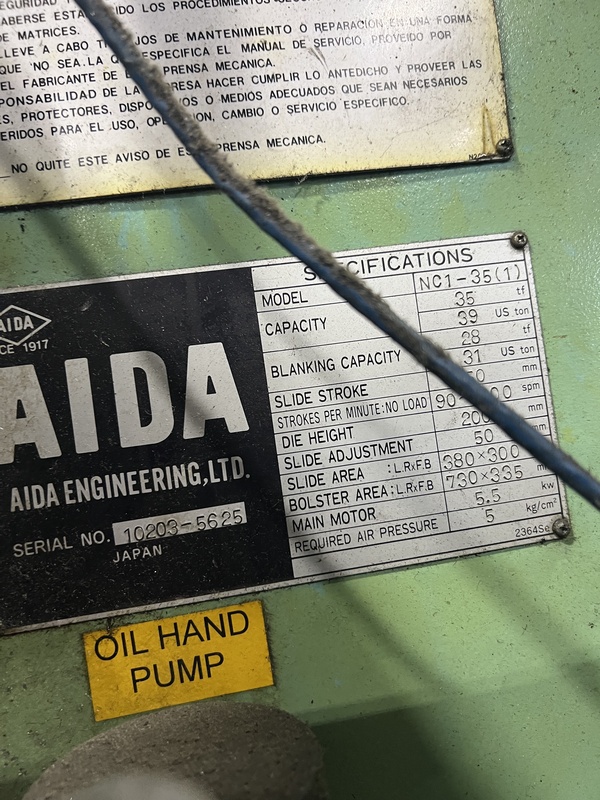 39 Ton, Aida #NC1-35(1), single crank gap frame press, 1.96" stroke, 7.87" Shut Height, 1.96" adj., 90-200 - Image 8