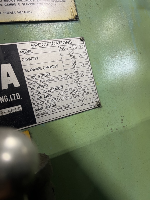 39 Ton, Aida #NC1-35(1), single crank gap frame press, 1.96" stroke, 7.87" Shut Height, 1.96" adj., 90-200 - Image 9