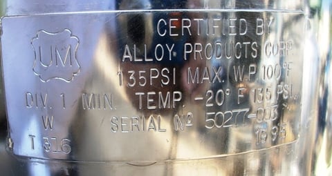 1 gallon Alloy Products, Stainless Steel Pressure Tank, 9" diameter X 8.5" straight side, 135 psi, 1995 - Image 4