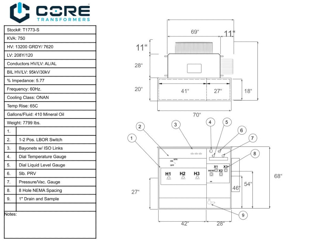 750 KVA 13200GrdY/7620 Primary, 208Y/120 Secondary, PAD, proCORE - Image 3