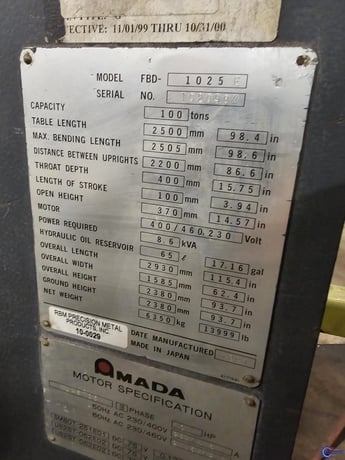 110 Ton, Amada #FBD-1025E, hydraulic press brake, 86.6" between housing, 3.94" stroke, 15.75" throat, 14.57" - Image 5