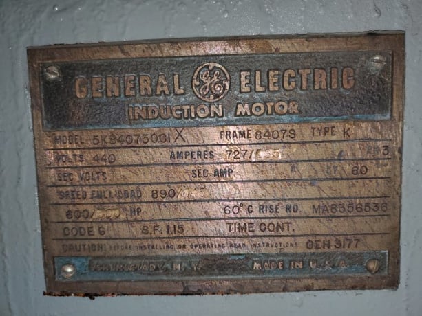 600 HP 890 RPM General Electric, Frame 8407S, foot mounted, 727 amps, 440 Volts - Image 2