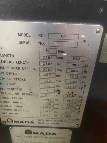 88 Ton, Amada #RG-80M, CNC press brake, 8' overall, 86" between housing, 3.93" stroke, 10.67" Shut Height - Image 3