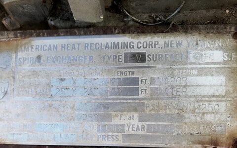 90 sq.ft., Spiral Heat Exchanger, American Heat Reclaming #1-V, Stainless Steel, 75 psi @ 275°F, 1975 - Image 5