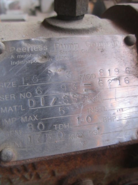 80 GPM, Peerless #8196, Stainless Steel centrifugal pump, 3 HP, 3" inlet, 1.5" outlet - Image 4