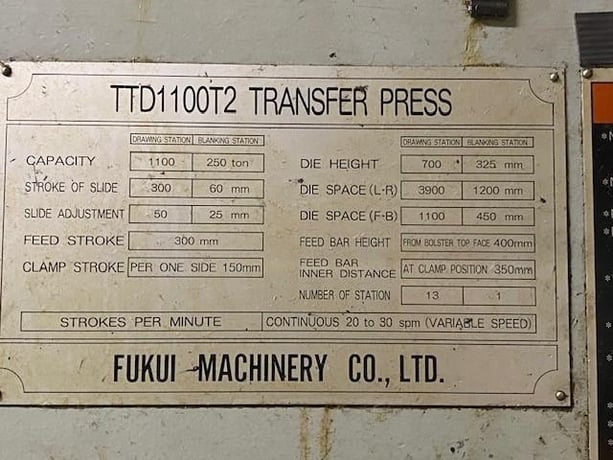 1100 Ton, Fukui #TTD1100T2, straight side transfer press, 11.8" stroke, air clutch, 1996 - Image 6