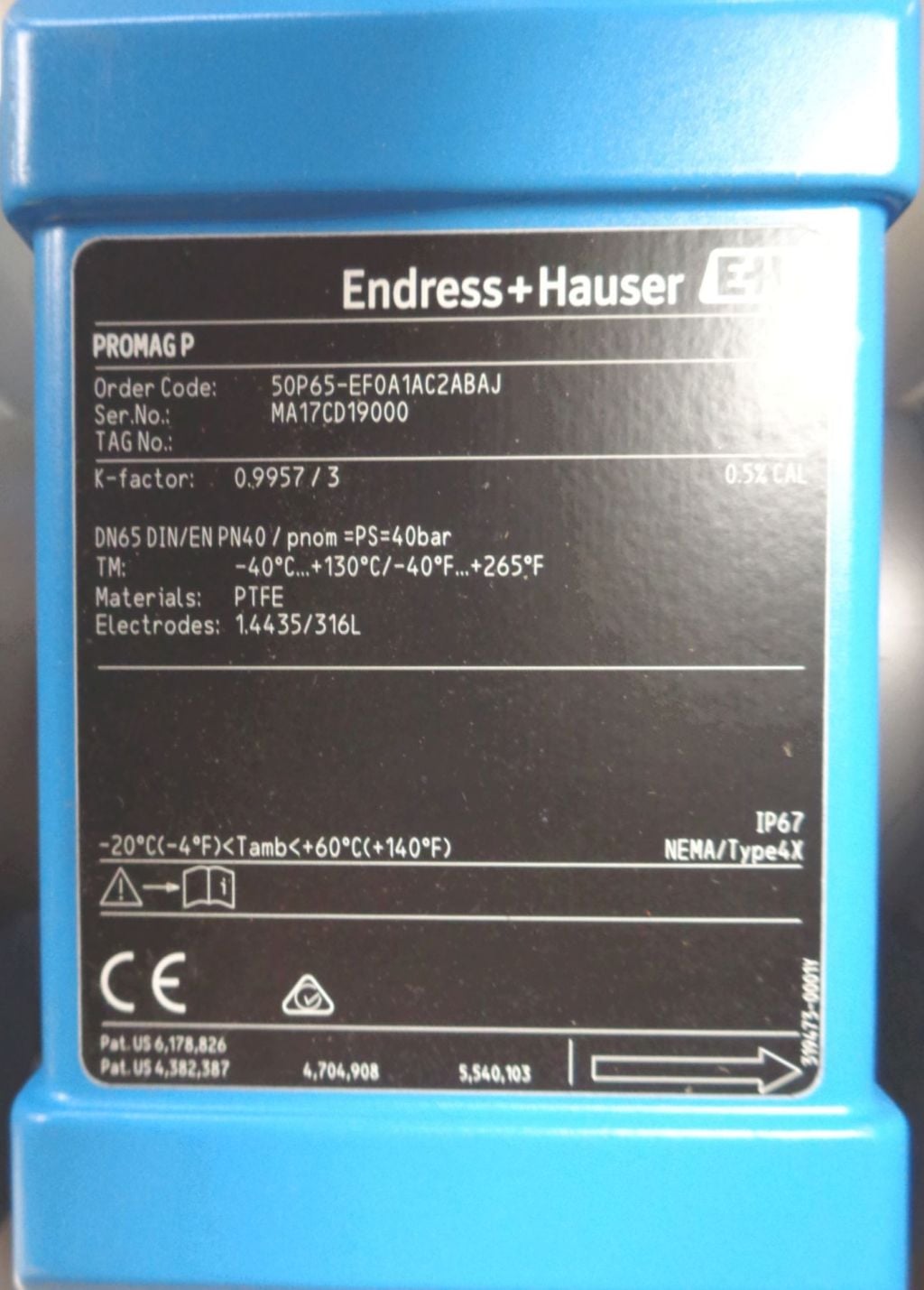 Endress & Hauser #Promag-P, Electromagnetic Flowmeter, PTFE, 3" In/Out, K-Factor 0.9957/3, 40 bar, Electrodes - Image 4
