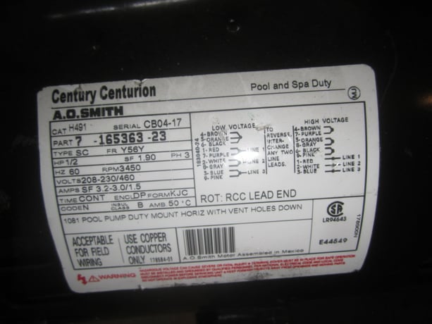 Centurion #A86B, Pool and Spa pump, 1.5" Inlet x 1" Outlet, 1/2 HP, 208/230/460V, 3450 RPM - Image 4