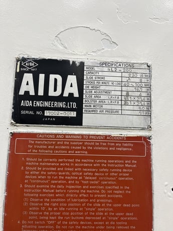200 Ton, Aida #NL2-200, straight side double crank, 8" stroke, 18.7" Shut Height, 4" adj., variable speed - Image 8