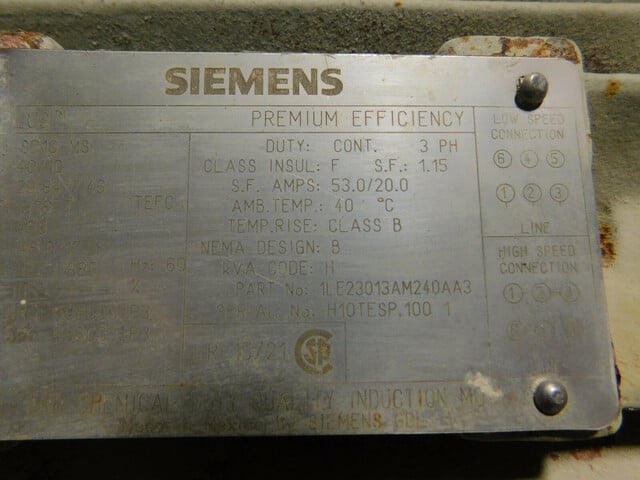 40/10 HP 1770/885 RPM Siemens, Frame 326T/324T, 1.15 service factor, Premium Eff., 460 Volts, Used - Image 4