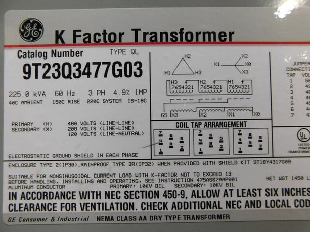 225 KVA 480 Primary, 208/120 Secondary, General Electric 9T23Q3477G032 K-Factor, dry type transformer - Image 9