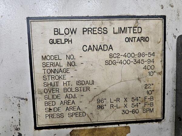 400 Ton, Blow #SC2-400-96-54, straight side mechanical press, 10" stroke, 35" Shut Height, air clutch, 1994 - Image 9