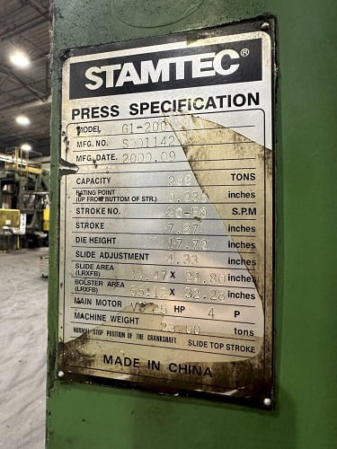 200 Ton, Stamtec #G1-200, gap frame press, 7.87" stroke, 17.72" Shut Height, 4.33" ram adjustment, 2000 - Image 3