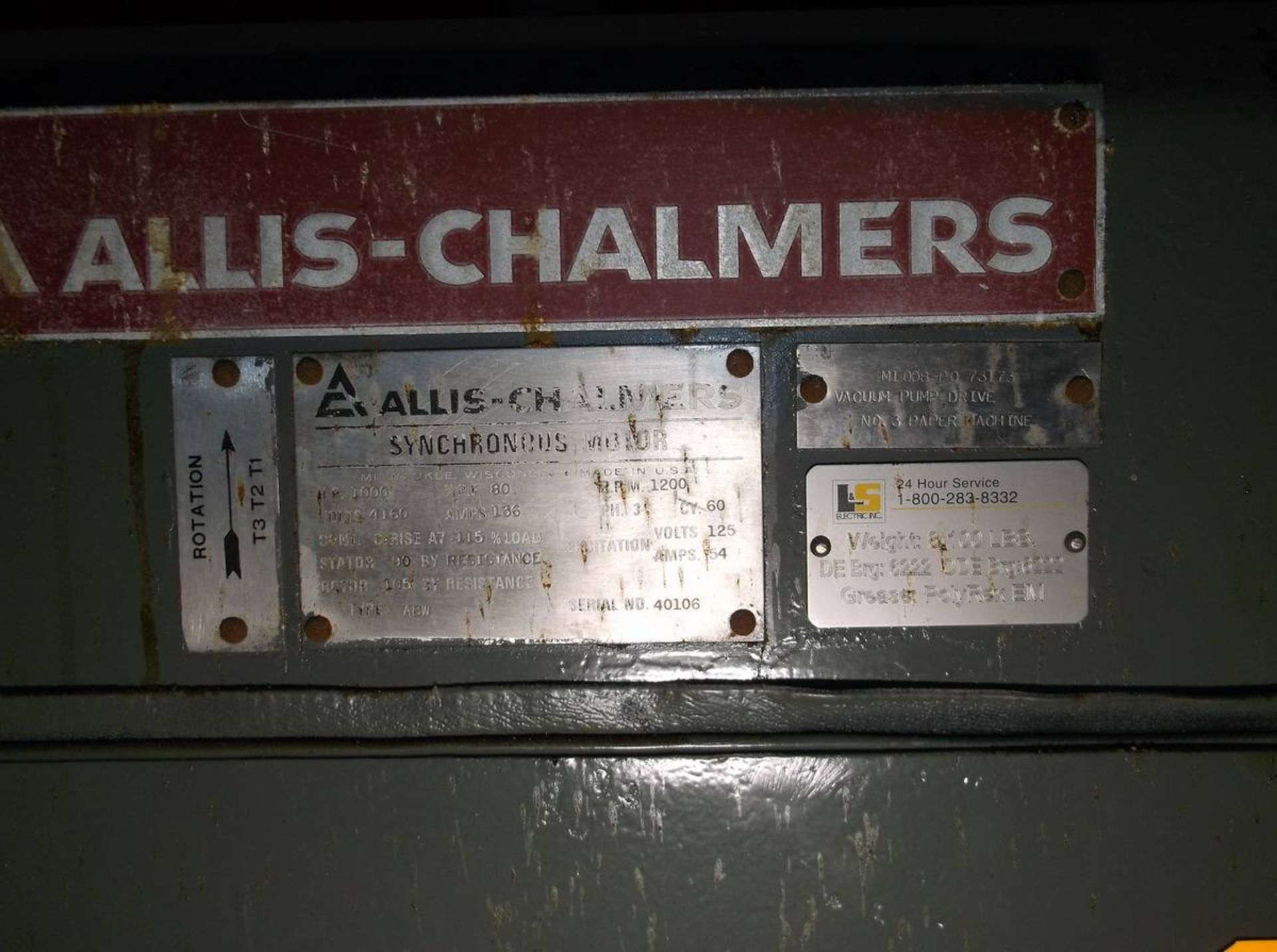 1000 HP RPM Allis-Chalmers Synchronous Motor, 4160 Volts - Image 2