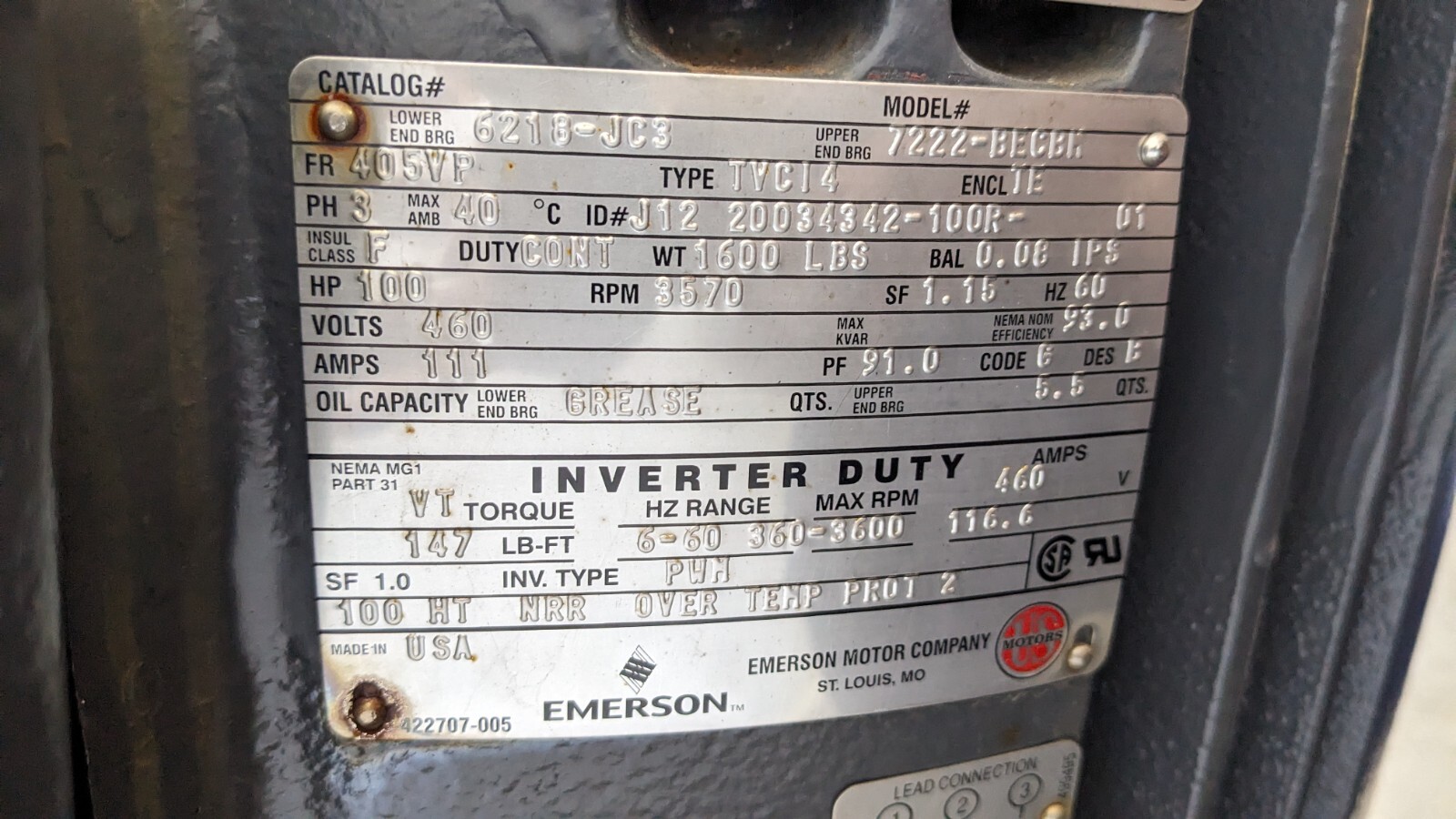 100 HP 3570 RPM Emerson, Frame 405VP, Inverter Duty, 460 Volts, NEW - Image 4