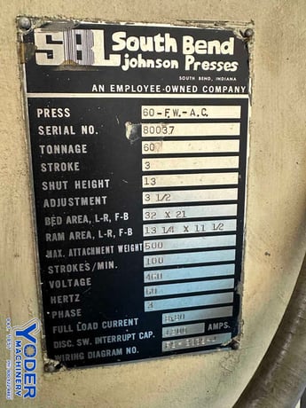 60 Ton, South Bend #60FWAC, OBI flywheel press, 3" stroke, 13" Shut Height, air clutch & brake, 1981 - Image 6