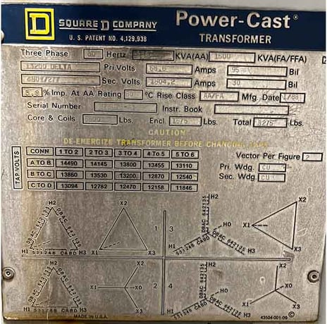 1000/1500 kVA, 13200 D D/Y Primary, 480/277 Y Secondary, SQUARE D Dry Type - Image 1
