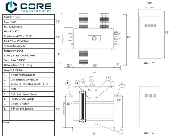 1500 KVA 13800 Delta Primary, 480Y/277 Secondary, SUB, Recon(2 available, shipment available in 10 days) - Image 2