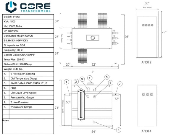 1500 KVA 13800 Delta Primary, 480Y/277 Secondary, SUB, Recon(2 available, shipment available in 10 days) - Image 3