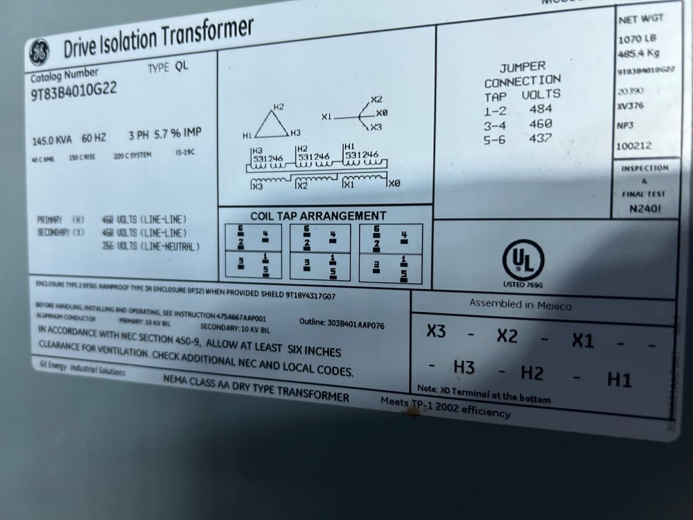 145 KVA 460 Primary, 460Y/266 Secondary, General Electric, w/taps - Image 2