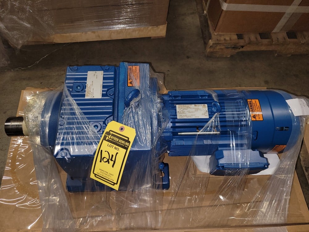 5 HP, 1750 RPM, SEW #R97DNR100L4, gear reducer w/brake, 29 RPM out, 230/460 Volts 3 phase, new surplus - Image 1