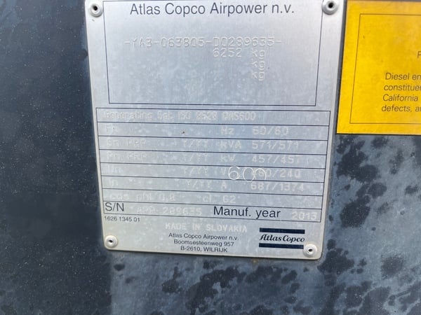 503 KW Atlas Copco #QAS600, trailer mounted, Tier 2, sound attenuated enclosure, 240/480 Volts, 2314 hours - Image 10