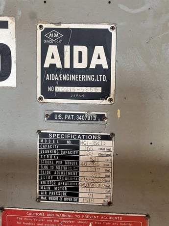 165 Ton, Aida #NC1-15(1), gap frame press, 5.11" stroke, 13.77" Shut Height, 3.93" ram adj., 40-85 SPM, 46" - Image 9