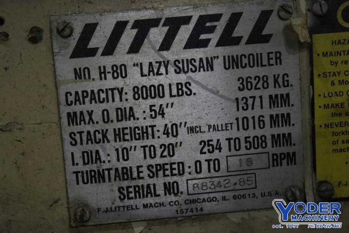 8000 lb. Littell #H-80-Lazy-Susan, pallet type coil reel, 54" outside dimensions, 14" table height, 1/2 HP - Image 5