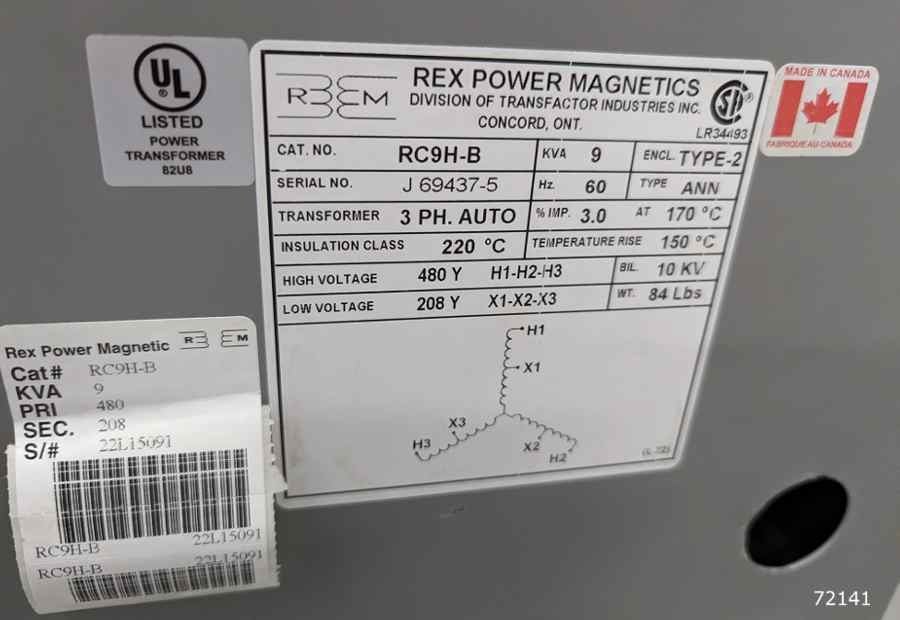 9 KVA 480 Primary, 240 Secondary, Rex Power magnets #RC9H-B, S/N J 69437-5, new - Image 2