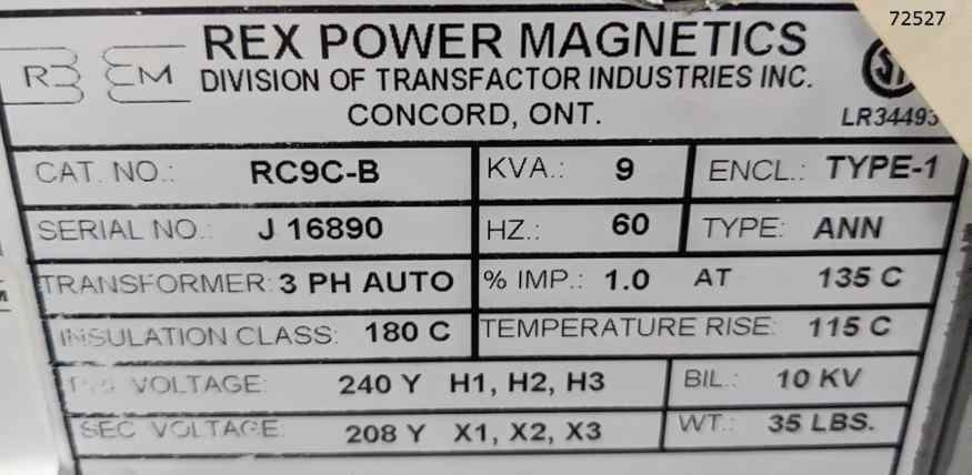 9 KVA 240 Primary, 208 Secondary, Rex Power magnets #RC9C-B, S/N J 16890, new - Image 2