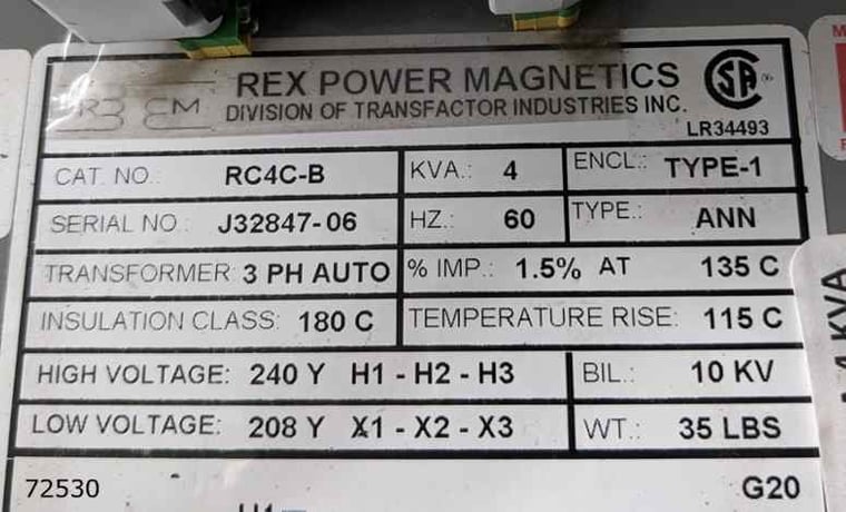 4 KVA 240 Primary, 208 Secondary, Rex Power magnets #RC4C-B, S/N J32847-06, new - Image 2